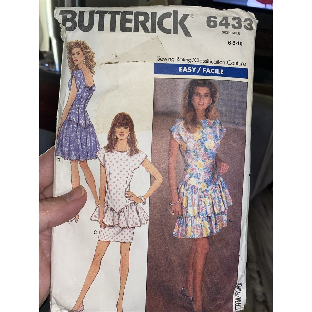 BUTTERICK 1980s MISSES DROP WAIST DRESS PATTERN 6433 Size 6 8 10 Cut Complete